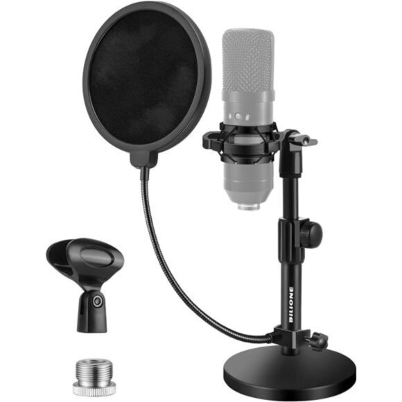 Upgraded Desktop Microphone Stand, Adjustable Mic Stand Desk with Pop Filter